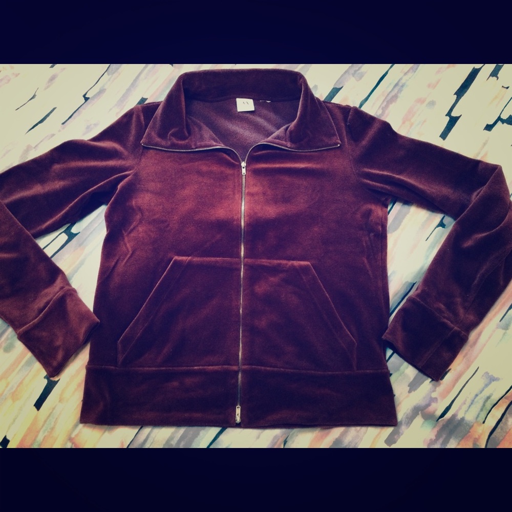 A/X Armani Exchange Burgundy Velour Athleisure Collared Top Zip 70s retro boho